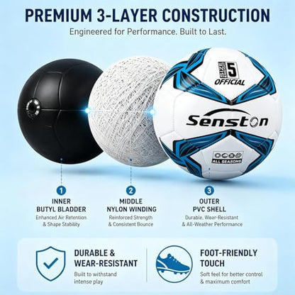Senston Soccer Ball Size 4 & 5 with Air Pump and Needles - Durable PVC Training Football with Thickened Nylon Winding and Butyl Bladder for Shape Retention - High Value Soccer Set