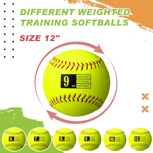 Lewtemi 6 Pack 12 Inch Weighted Training Softballs Bulk, 6-12 oz Weighted Training Balls for Pitching and Hitting, Improve Velocity Arm Strength Softball Practice Equipment with Drawstring Bag