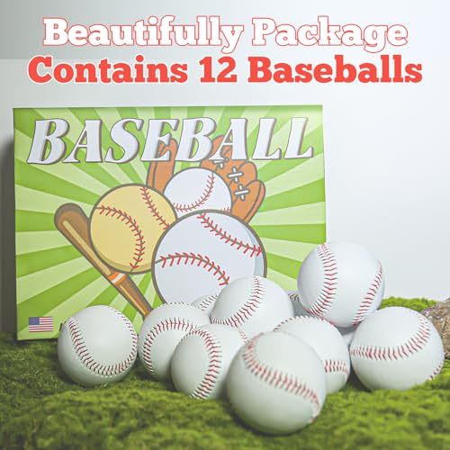 12 Pack Standard Size T-Ball Training Baseballs - Youth/High School Baseball Bulk Practice Balls, Rubber Filling - 100% Faux Leather Soft Baseballs for Kids