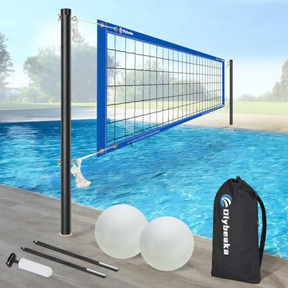 Base Free Swimming Pool Volleyball Net Set for Inground Pools with 3-Height Adjustable Aluminium Poles, Durable Anti-Sagging Net, 2 Water Volleyballs and Carry Bag - color: Blue