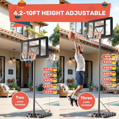 Basketball Hoop Outdoor 4.2-10FT Adjustable Height, 44 Inch Shatterproof PC Backboard Fillable Base with 2 Wheels, Portable Goal Court System Gift for Family, Indoor Pool Driveway Backyard - size: Basketball Hoop