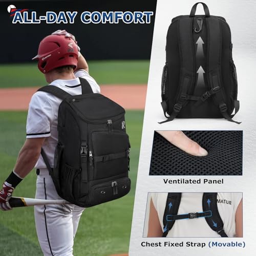 RAINSMORE Baseball Bag for Youth & Adult 40L Large Softball Bag Lightweight Baseball Backpack with Helmet Holder, Shoe Compartment, Fence Hook Waterproof Bat Bag for Baseball Softball Tball Equipment - color: Black