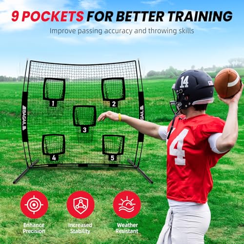 BAGAIL Football Throwing Net - 5 or 9 Target Pockets, Easy Setup, Heavy-Duty - Portable QB Accuracy Trainer, Fun Target Practice Net for Football with Carry Bag - color: Black, style: 7'x 7' - 5 Pockets
