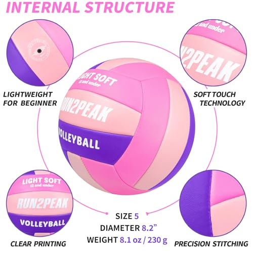 RUN2PEAK Light Soft Volleyball - Light Volleyball Designed for Beginners Kids Youth Teen - Lightweight Volleyballs for Indoor Outdoor Beach Backyard Official Size 5 Training Volley Ball