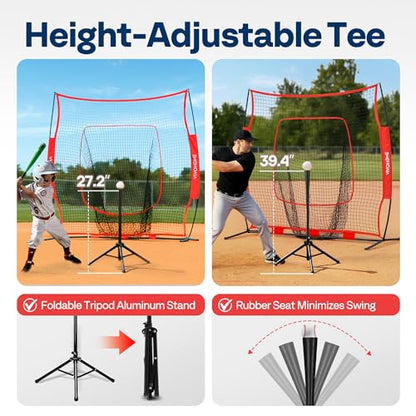 VIVOHOME Baseball Softball Batting Net - 7x7 Ft Baseball Backstop, Softball Practice Net for Hitting, Pitching, Throwing with Batting Tee and Carry Bag - style: 7 x 7 ft Red Net with Tee