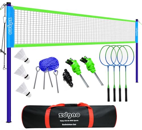 Zdgao Badminton Sets for Backyard, Portable Badminton Net with Tension Adjuster, Badminton Racket Set of 4, 3 Nylon Shuttlecocks, Boundary Line and Carry Bag for Backyard Beach Family Games - color: BLUE&GREEN