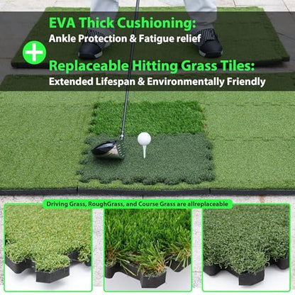 GAIARENA Tri-Turf Golf Hitting Mat Premium Indoor/Outdoor/Backyard Golfing Practice Mat for Home Golf Simulators, Thick EVA Foam Base & Tri-Turf Tiles Rough Driving Course Grass, Gift for Avid Golfers - size: 75.6"*45.6"