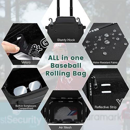 Rolling Baseball Bag,Wheeled Softball Bag with Fence Hook for TBall Bat & Equipment,Lightweight Baseball Bat with Shoe Compartment - color: Black