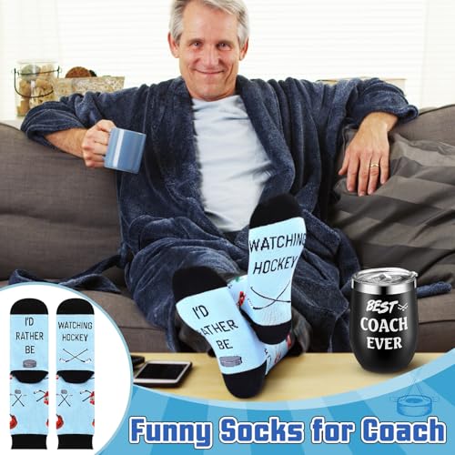 Nitial 6 Pcs Coach Gifts for Men Women Hockey Coaches Appreciation Gift Set Include 12 oz Best Coach Ever Tumble Hockey Whistle Acrylic Decorative Socks Keychain Card Gift