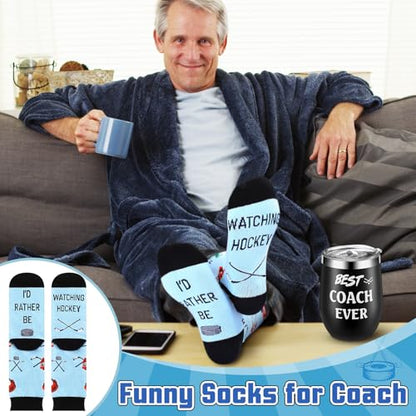 Nitial 6 Pcs Coach Gifts for Men Women Hockey Coaches Appreciation Gift Set Include 12 oz Best Coach Ever Tumble Hockey Whistle Acrylic Decorative Socks Keychain Card Gift