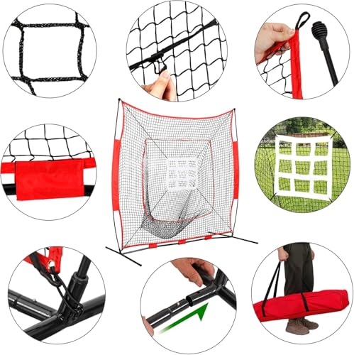 7x7ft Baseball Softball Practice Net, Portable Baseball Training Net w/Carrying Bag, Strike Zone Target for Batting Catching Pitching Hitting, for All Skill Levels - style: Baseball Net with Pro Strike Zone