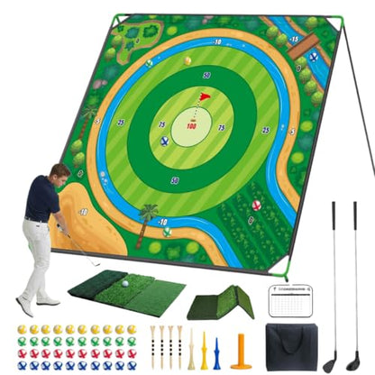 70x70 Inch Golf Chipping Net Battle Golf Extra Large Backyard Practice Net with 40 Training Balls, 3-Turf Hitting Mat, 2 Practice Clubs – Indoor Outdoor Use, Gift for Golf Lovers