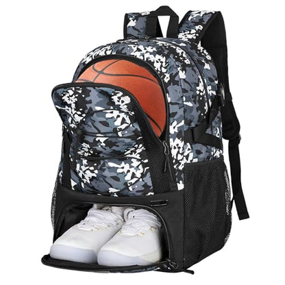 Goloni Basketball Backpack,Large Sports Bag with Ball Compartment & Shoe Compartment,Basketball Bag Fit Volleyball, soccer,Gym - color: Camo Gray