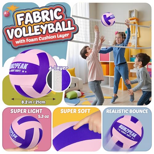 RUN2PEAK Super Soft Light Volleyball - Safe and Quiet Fabric Volleyball Ball for Indoor Play - Official Size 5 Kids Youth Beginners Lightweight Volleyballs Trainer for House Yard Training Practice