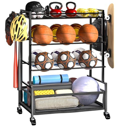 SOYEEZE Sports Equipment Organizer- Ball Storage for Garage,4 Tiers Outdoor Toy Storage,Soccer Racks,Basketball Shooting Training Stand Cart with Wheels and Hooks for Home-School and Gym Use - style: 4 Tiers