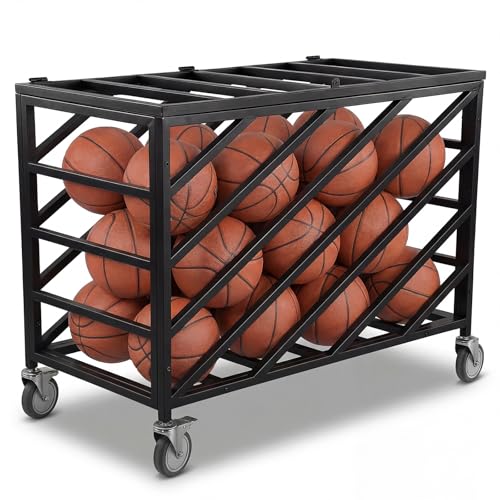 Ball Cart with Wheels, Rolling Basketball Rack with Lockable Lid, Heavy-Duty Ball Storage Locker for Volleyball Gym Recess Soccer Playground, Holds 30 Basketballs