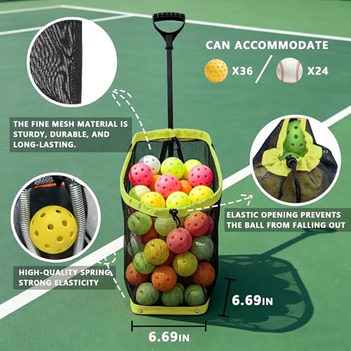 Tennis Ball Hopper, Holds 40+ Pickleballs or 50+ Tennis Balls, Lightweight Durable Steel Frame, Portable Adjustable Ball Picker（Excluding Ball） - color: Green