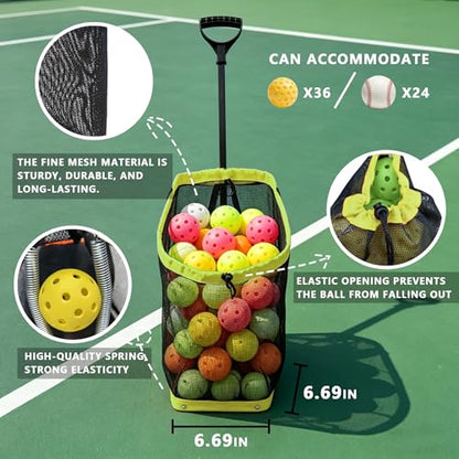 Tennis Ball Hopper, Holds 40+ Pickleballs or 50+ Tennis Balls, Lightweight Durable Steel Frame, Portable Adjustable Ball Picker（Excluding Ball） - color: Green