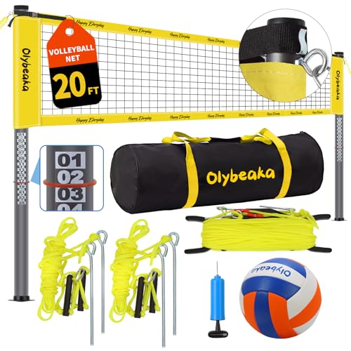 20ft / 32ft Portable Outdoor Volleyball Net Set for Backyard Beach Grass with Heavy Duty 1.25" Adjustable Poles, 28-Ply PE Net, PU Volleyball & Pump, Large Storage Bag - color: Yellow, size: 20ft