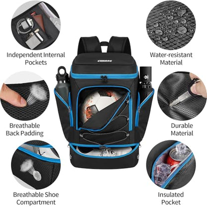 Soccer Bag - Soccer Backpack with Ball Holder,Sport Equipment Bags gifts for soccer stuff Water resistant Includes Separate Cleat Fit Basketball Volleyball Football - color: sport soccer bag 2025 BLACK BLUE