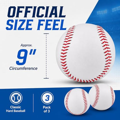 Hard Baseballs, Classic White Baseball Practice Balls, Raised Seam Training Baseballs for Batting, Pitching, Catching, Team Practice, Recreational Play, Youth Teen Adult (3)