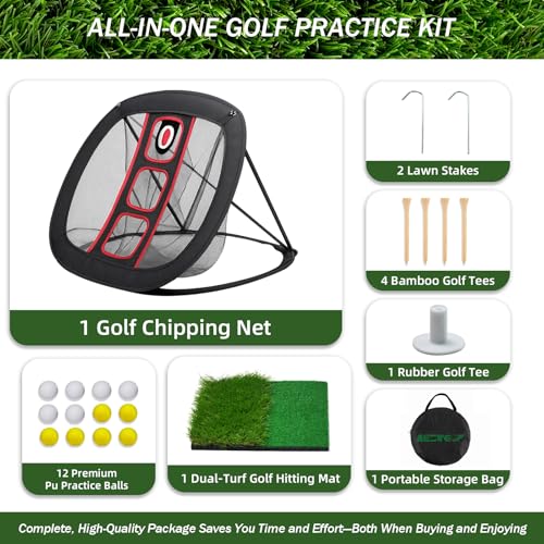 Golf Chipping Net Set with Mat & 12 Practice Balls – All-in-One Golf Training Kit – Portable, Easy Setup for Backyard & Indoor Use – Great Gift for Golfers and Beginners