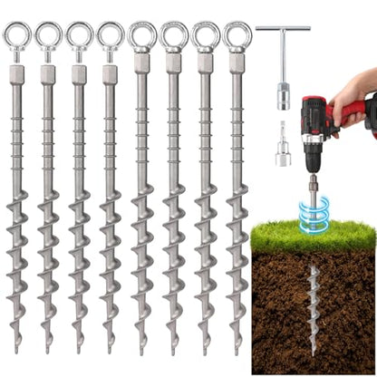 8 Pcs 14" Ground Anchors Screw in Non-Rust Cast Aluminum Detachable Tent Stakes for Camping Tents, Sand, Trampoline, Swing Sets and Sheds
