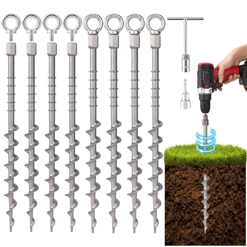 8 Pcs 14" Ground Anchors Screw in Non-Rust Cast Aluminum Detachable Tent Stakes for Camping Tents, Sand, Trampoline, Swing Sets and Sheds