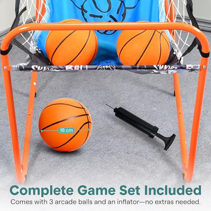 SereneLife Dual Shot Basketball Arcade Game with Electronic Scorer, 8 Game Modes, Indoor Outdoor 2 Player Basketball Shooting Game, Foldable Arcade Set with 5 Balls and Pump - style: Single Hoop