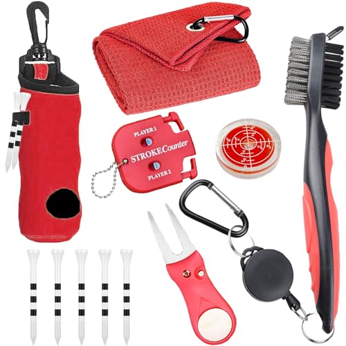 11 Pcs Golf Accessories Kit, Include Golf Ball Bag with Hook Tees Towel Cleaner Brush Ball Marker Divot Tool Score Counter (red) - color: Red