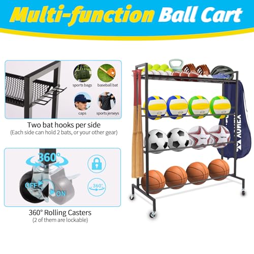 Garage Balls Storage Rack with Baseball Bat Hooks & Baskets, Basketball Holder Stand Rolling Ball Cart with Wheels, Garage Sports Equipment Organizer, Basketball Racks for Balls, Garages Organizer