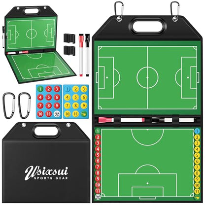 Soccer Coaching Board with Leather Cover, Magnetic Dry Erase Clipboard with Handle for Soccer Coaches | Foldable Full & Half Field Tactics Board with Markers and Clips - style: Soccer