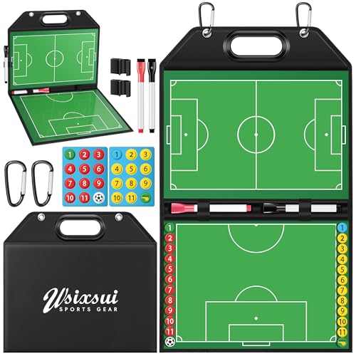 Soccer Coaching Board with Leather Cover, Magnetic Dry Erase Clipboard with Handle for Soccer Coaches | Foldable Full & Half Field Tactics Board with Markers and Clips - style: Soccer