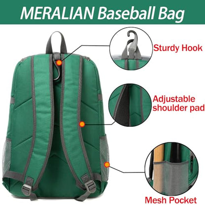 Baseball Bag - Lightweight Softball & T-Ball Backpack with Shoe Compartment for Equipment & Gear - color: GREED