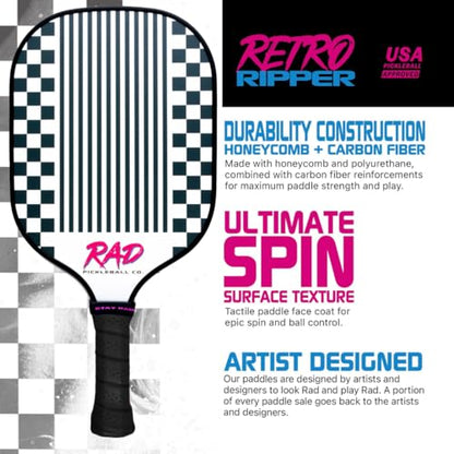 RAD Pickleball Paddle – USAPA Approved Pickleball Racket – Fiberglass Surface with Spin Grit Tech – Carbon Fiber Pickleball Paddle for Power & Control – Indoor & Outdoor - color: Retro Ripper