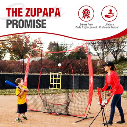 Zupapa Baseball Softball Practice Combo - 7 X 7 Feet Net Tee Caddy 12 Pack Baseballs Set, Upgraded Vivid Strike Zone, Baseball Backstop Practice Net for Hitting Pitching Batting Catching - color: Red