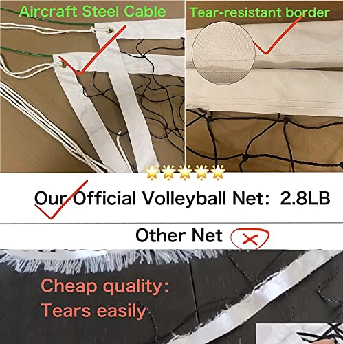 Professional Volleyball Net Outdoor Heavy Duty with Aircraft Steel Cable Top, Two Stitched Border, Regulation Volleyball Nets for Backyard Schoolyard Beach