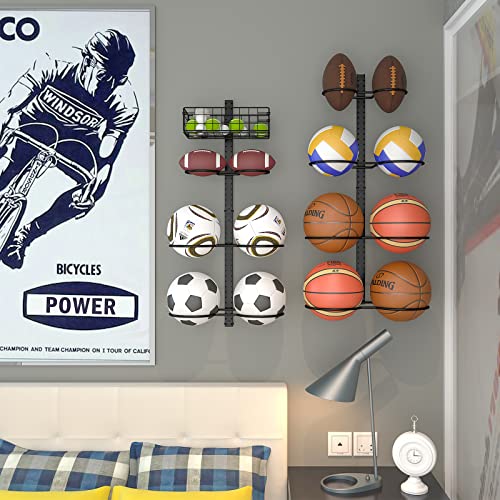8 Tier Detachable Wall Mounted Basketball Rack,Vertical/Horizontal Football Holder,Holds 14 Balls DIY1/2/3/4 Soccer Stand,Height-Adjustable Ball Rack with Basket for Garage,Tool Room