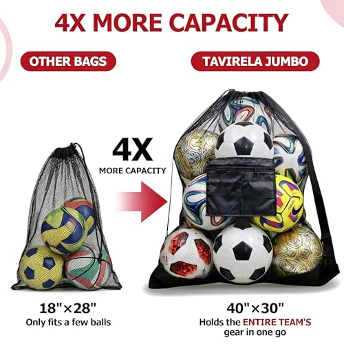 Extra Large Mesh Ball Bag with Pocket, Holds 13 Soccer Balls, 10 Basketballs, Heavy Duty Drawstring Net Bag, Team Coaches Sports Equipment Storage Duffle Sack for Volleyball, Swimming Gear