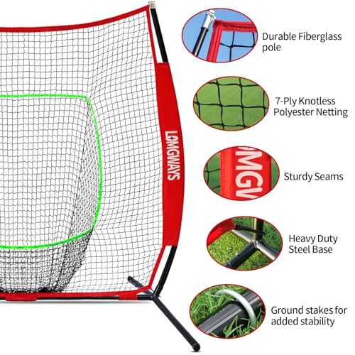 7x7ft/8x8ft Baseball Softball Net with Steel Frame for Batting, Hitting, Pitching, Portable Baseball Batting Net with Carry Bag, Great for All Levels - size: 7FT Red(Tee)