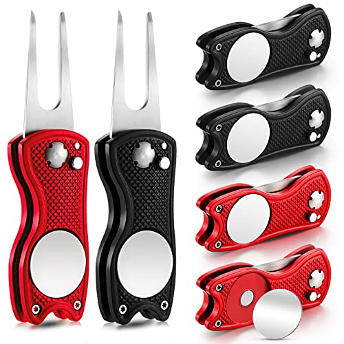 Skylety 6 Packs Golf Repair Tool Stainless Steel Foldable Golf Divot Tool Magnetic Button Ball Marker - color: Black, Red