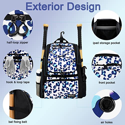 Youth Baseball Bag with Vented Shoe Compartment, Softball Bat Bag for Batting Mitten, Helmet, Teeball Gear - Adult Boys Girls Kids - color: Leo-print