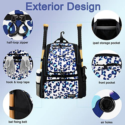 Youth Baseball Bag with Vented Shoe Compartment, Softball Bat Bag for Batting Mitten, Helmet, Teeball Gear - Adult Boys Girls Kids - color: Leo-print