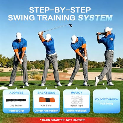 3-in-1 Golf Swing Trainer with Silicone Grip Trainer, Arm Band & Impact Tape, Golf Training Aid System for Beginners & Tempo Training for Advanced, Click Feedback, Arm Connection, Right/Left-Handed