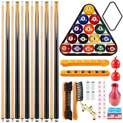 Jenaai Pool Table Accessories Set with 6 Cue Sticks, 16 Billiard Balls, Triangle & Diamond Racks, Cue Chalk, Tip Tool, Brushes, Score Holder for Tabletop Billiards Games