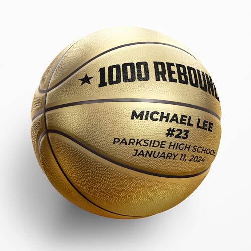 Custom Metallic Gold Basketball with Display Stand | Official Size | Personalized with Your Text! | Great for Awards, Banquets, Senior Night, Milestones, and Coach Gift - style: 1000 Rebounds