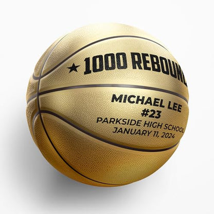 Custom Metallic Gold Basketball with Display Stand | Official Size | Personalized with Your Text! | Great for Awards, Banquets, Senior Night, Milestones, and Coach Gift - style: 1000 Rebounds