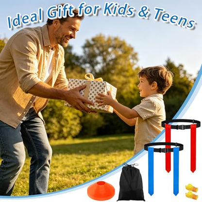 CHERAINTI Flag Football Belts Set, 14 Players Adjustable Extended Youth Flag Football Set for Kids, Teens & Adults, Ideal for Team Training and Outdoor Games, Includes Cones, Whistles & Carry Bag