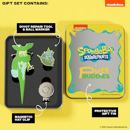 Spongebob Squarepants Spongebob Flying Dutchman Divot Tool and Ball Marker – Magnetic Collectible Golf Gift Set with Hat Clip & Tin for Golfers