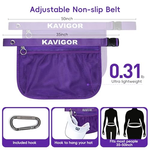 KAVIGOR Tennis & Pickleball Ball Holder Waist Pouch Holds 8-10 Balls, Multi-Functional Sports Belt Bag with Zipper Pocket and Carabiner - color: Purple